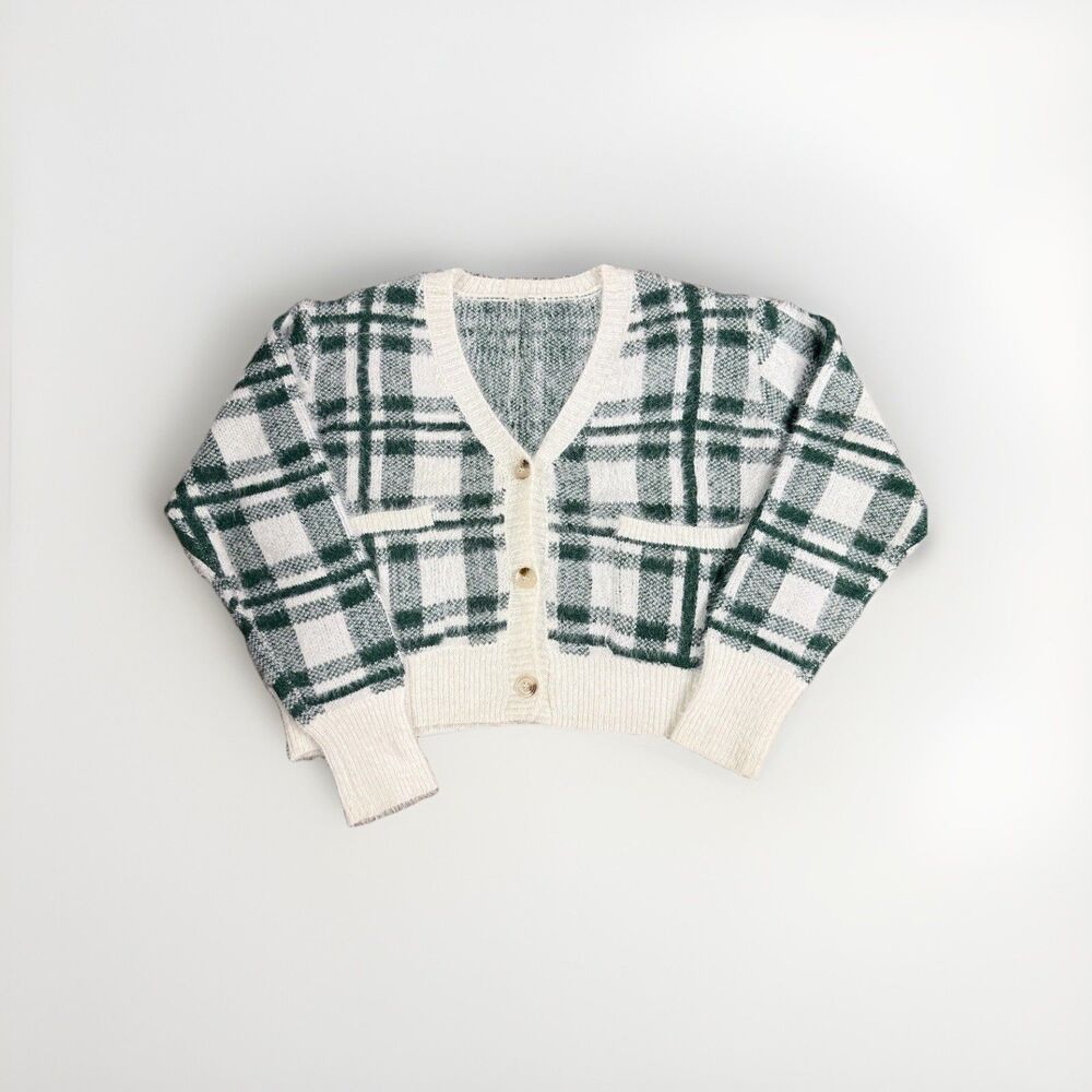 Womens VNeck Cardigan Sweater White Green Plaid SOFT Size Medium